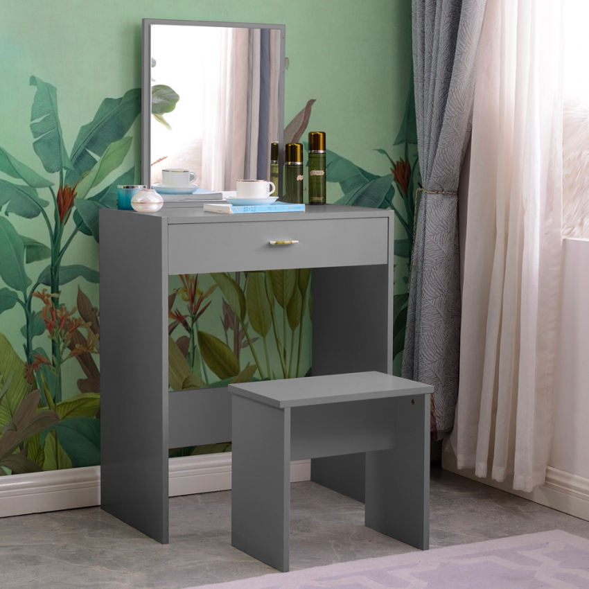 Make-up tafel grijs met spiegel, lade en krukje Dalila Grey Aanbieding