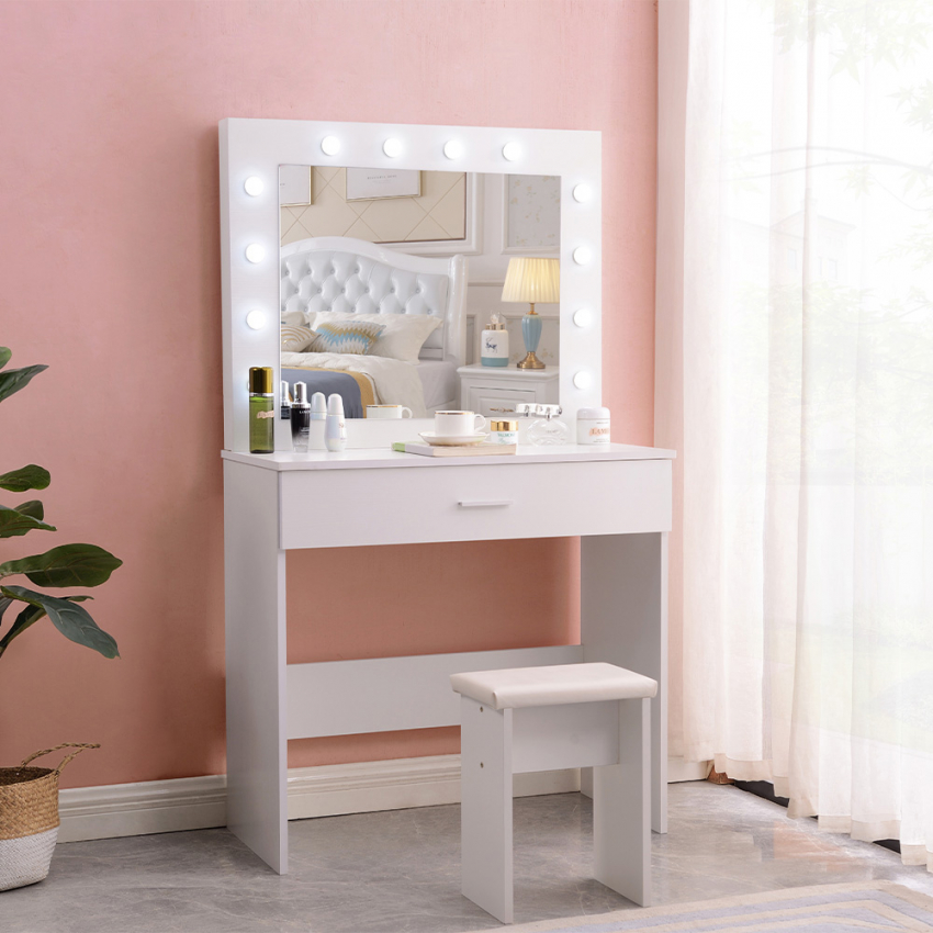 Make-up tafel met spiegel met LED lampen en krukje Gaia Aanbieding