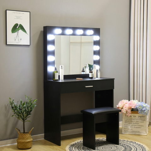Zwarte make-up station met LED-lampen spiegel krukje Gaia Black Aanbieding