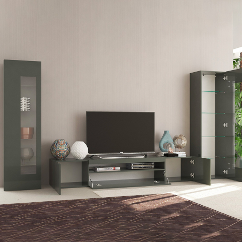 Glanzend antraciet voor woonkamer met TV-meubel en 2 Daiquiri vitrinekasten