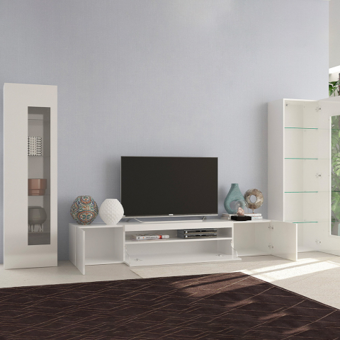Woonkamermeubel met TV-meubel en 2 hoogglans witte Daiquiri vitrinekasten
