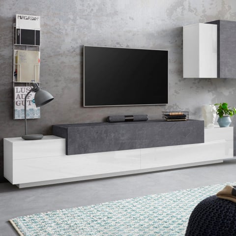 Design TV-meubel 240cm 4 vakken 3 deuren wit en leisteen Corona Low Ardesia Aanbieding
