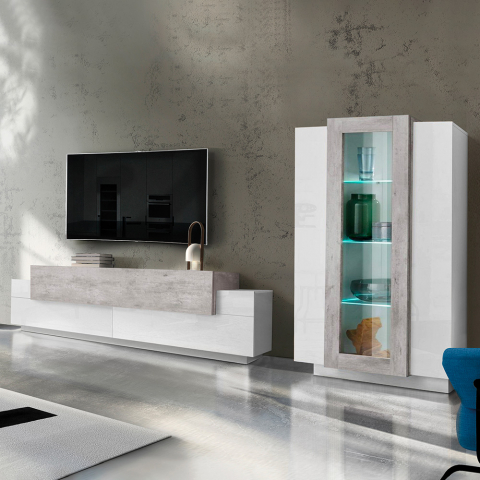 Woonkamer wandmeubel met TV-meubel en vitrinekast wit grijs Corona