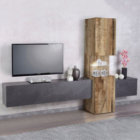 Woonkamer opbergmuur TV meubel leisteen vitrinekast hout Incontro Wall