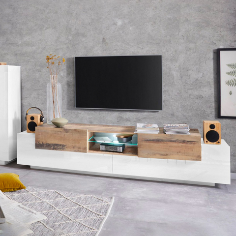 TV meubel 220cm open vak met 3 deuren in wit en hout New Coro Low L Aanbieding