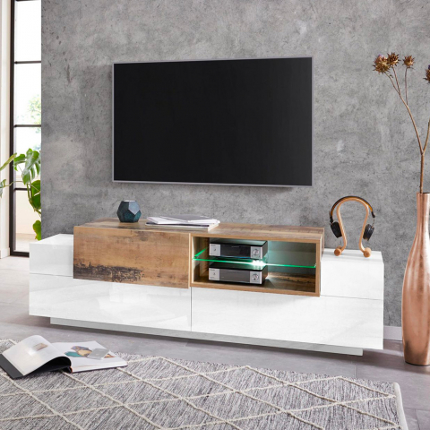 3-deurs tv-meubel met open vak 160cm wit en hout New Coro Low M