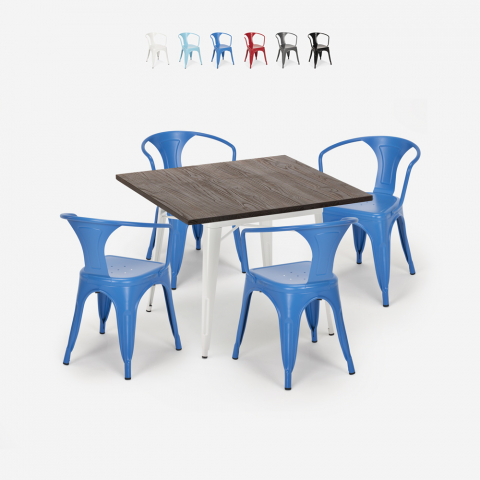 Industrieel design tafel set 80x80cm 4 stoelen tolix stijl bar keuken Hustle White Aanbieding