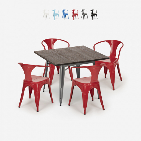 Industrieel design set met tafel 80x80 cm en 4 stoelen Hustle Aanbieding