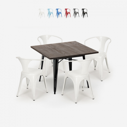 Industrieel design set met tafel 80x80 cm en 4 stoelen Hustle Black Aanbieding