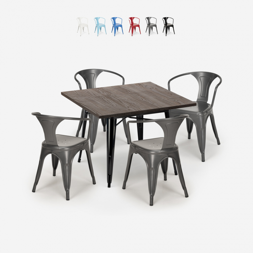 Industrieel design set met tafel 80x80 cm en 4 stoelen Hustle Black Korting Industrieel design set met tafel 80x80 cm en 4 stoelen Hustle Black Korting