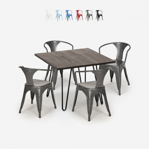 set van 4 stoelen Lix stijl tafel 80x80cm industrieel design bar keuken reims dark Aanbieding