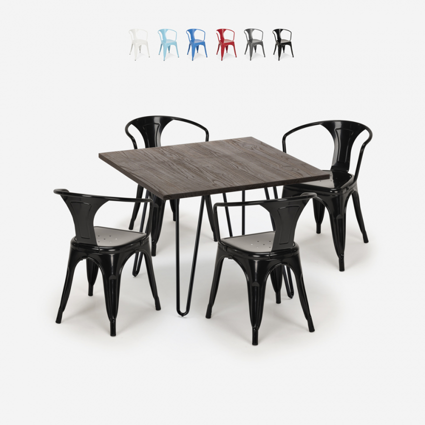 set van 4 stoelen Lix stijl tafel 80x80cm industrieel design bar keuken reims dark Kortingen