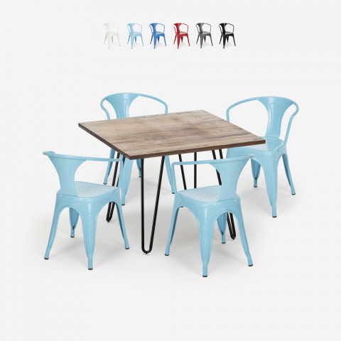 Set industrieel design tafel 80x80cm 4 stoelen tolix stijl keuken bar Reims