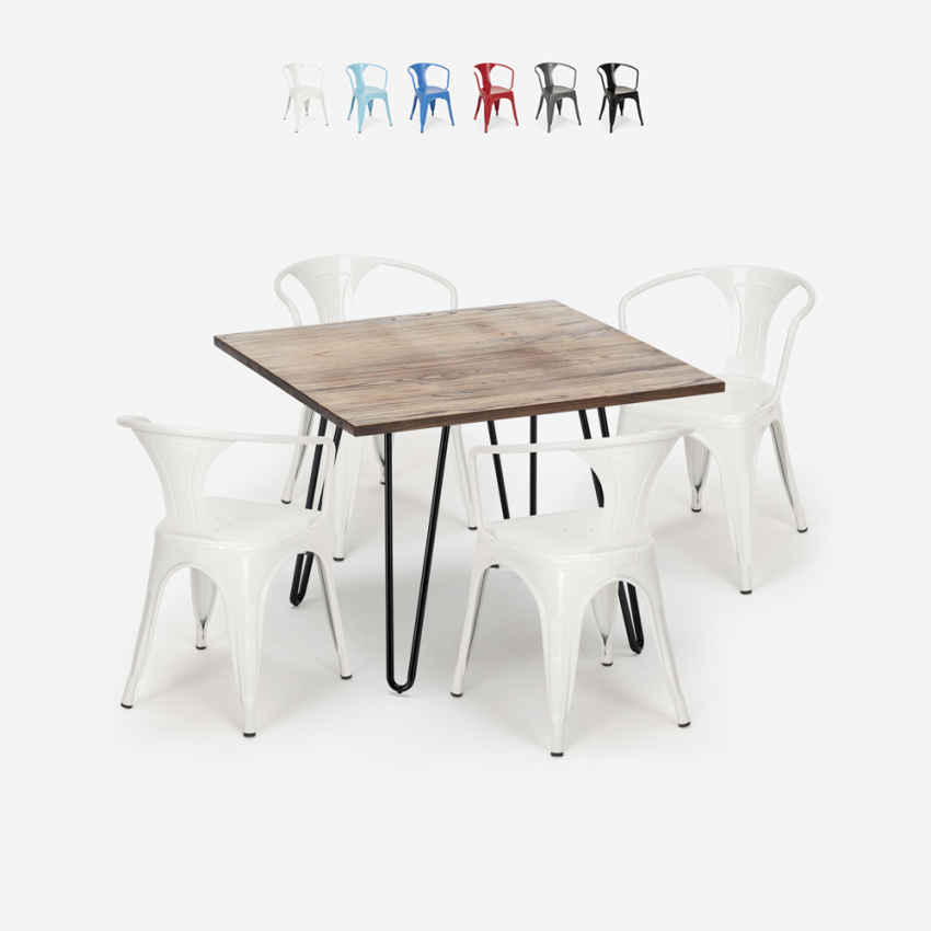 Set met industrieel design tafel 80x80 cm en 4 stoelen Reims Verkoop