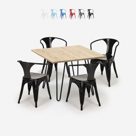 Set tafelset 80x80cm industrieel ontwerp 4 stoelen tolix stijl bar keuken Reims Light