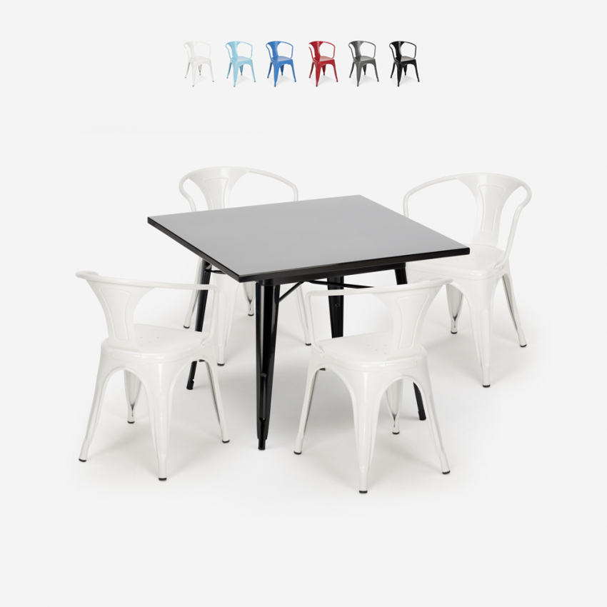 Roestvrij stalen tafel set 80x80cm met 4 stoelen in industriële stijl Century Black Aanbod Roestvrij stalen tafel set 80x80cm met 4 stoelen in industriële stijl Century Black Aanbod