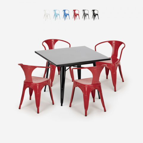 Roestvrij stalen tafel set 80x80cm met 4 stoelen in industriële stijl Century Black Aanbieding