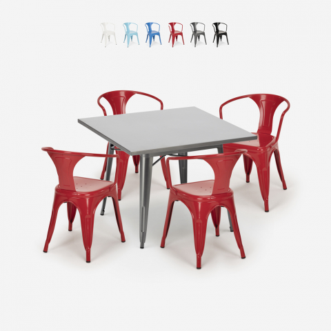 set industriële stijl stalen tafel 80x80cm 4 stoelen Lix keuken restaurant century Aanbieding
