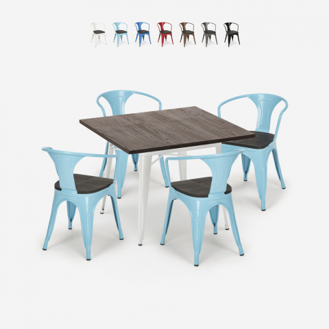 Set met industriële tafel 80x80 cm en 4 stoelen van hout en metaal Hustle Wood White Aanbieding