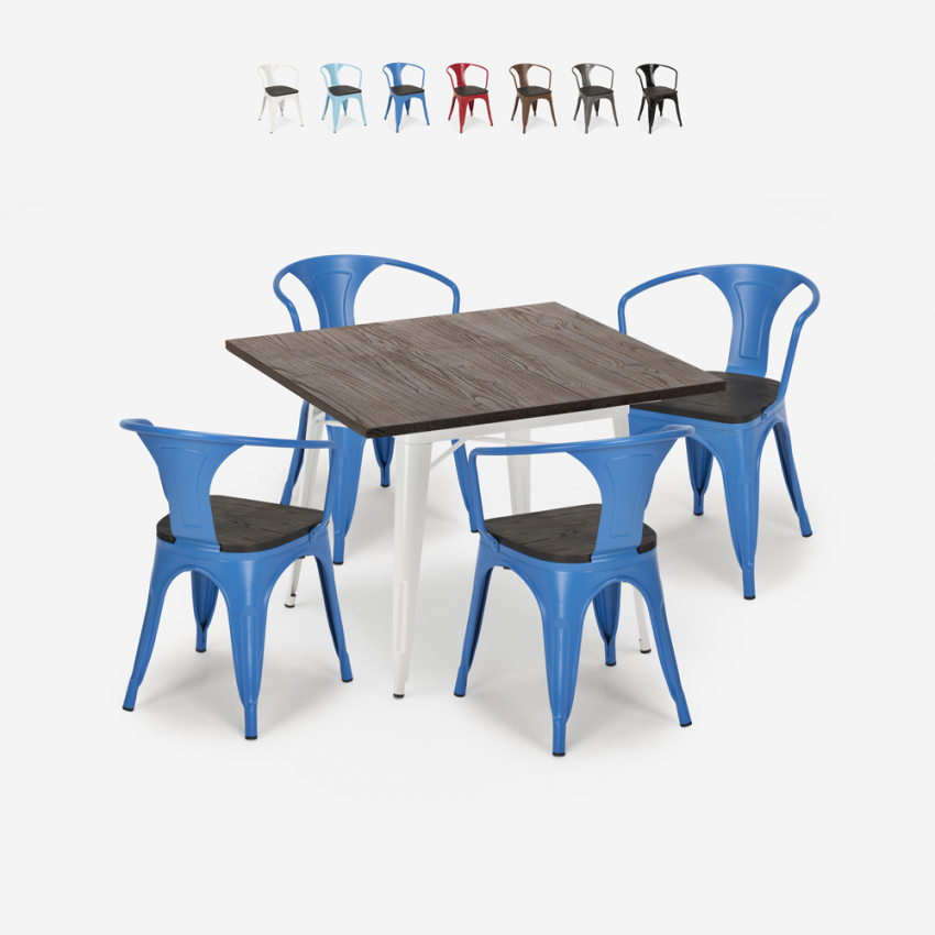 Set met industriële tafel 80x80 cm en 4 stoelen van hout en metaal Hustle Wood White Aanbod Set met industriële tafel 80x80 cm en 4 stoelen van hout en metaal Hustle Wood White Aanbod