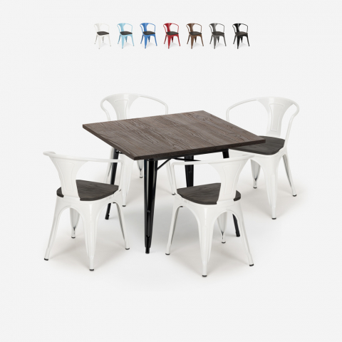industriële set keukentafel 80x80cm 4 stoelen Lix hout metaal hustle wood black Aanbieding