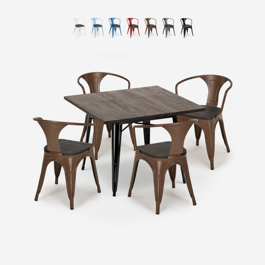 Set met industriële tafel 80x80 cm en 4 stoelen van hout en metaal Hustle Wood Black Kortingen Set met industriële tafel 80x80 cm en 4 stoelen van hout en metaal Hustle Wood Black Kortingen