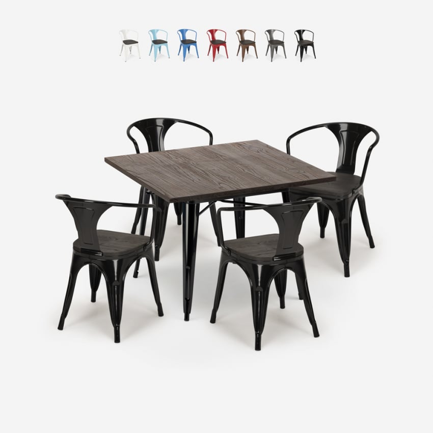Set met industriële tafel 80x80 cm en 4 stoelen van hout en metaal Hustle Wood Black Catalogus