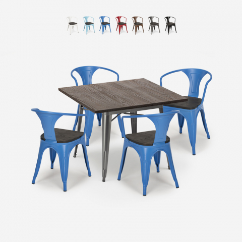 Set met industriële tafel 80x80 cm en 4 stoelen van hout en metaal Hustle Wood Aanbieding