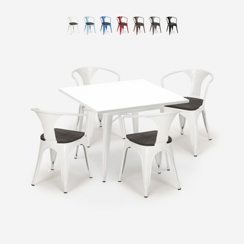 Industrieel set met tafel 80x80 cm en 4 stoelen van hout en metaal Century Wood White Aanbod