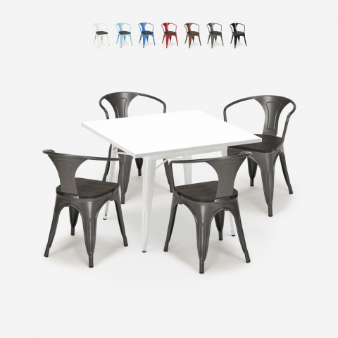 Industrieel set met tafel 80x80 cm en 4 stoelen van hout en metaal Century Wood White Aanbieding