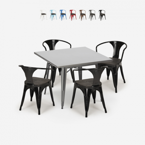 Industrieel set met tafel 80x80 cm en 4 stoelen van hout en metaal Century Wood Aanbieding