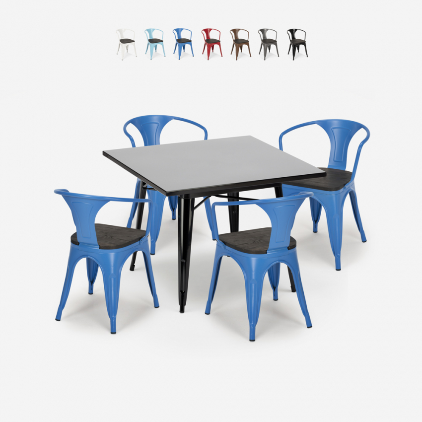 Industrieel set met tafel 80x80 cm en 4 stoelen van hout en metaal Century Wood Black Korting Industrieel set met tafel 80x80 cm en 4 stoelen van hout en metaal Century Wood Black Korting