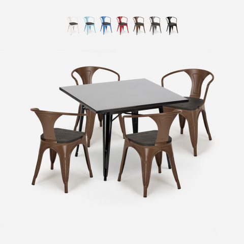 industriële set tafel 80x80cm 4 stoelen stijl Lix hout staal keuken century wood black Aanbieding