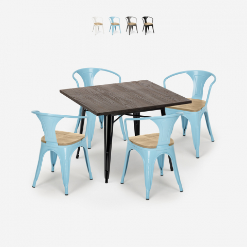 Industriële set houten tafel 80x80cm 4 metalen tolix stoelen Hustle Black Top Light