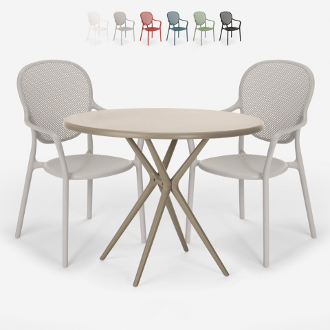 Outdoor set met ronde beige tafel 80x80 cm en 2 design stoelen Valet Aanbieding