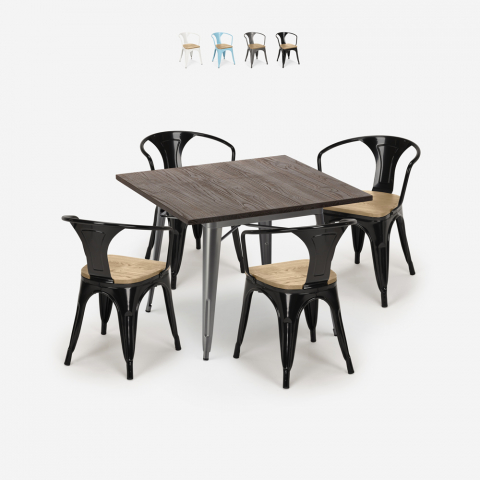 keukentafelset 80x80cm 4 industriële houten stoelen instijl hustle top light Aanbieding