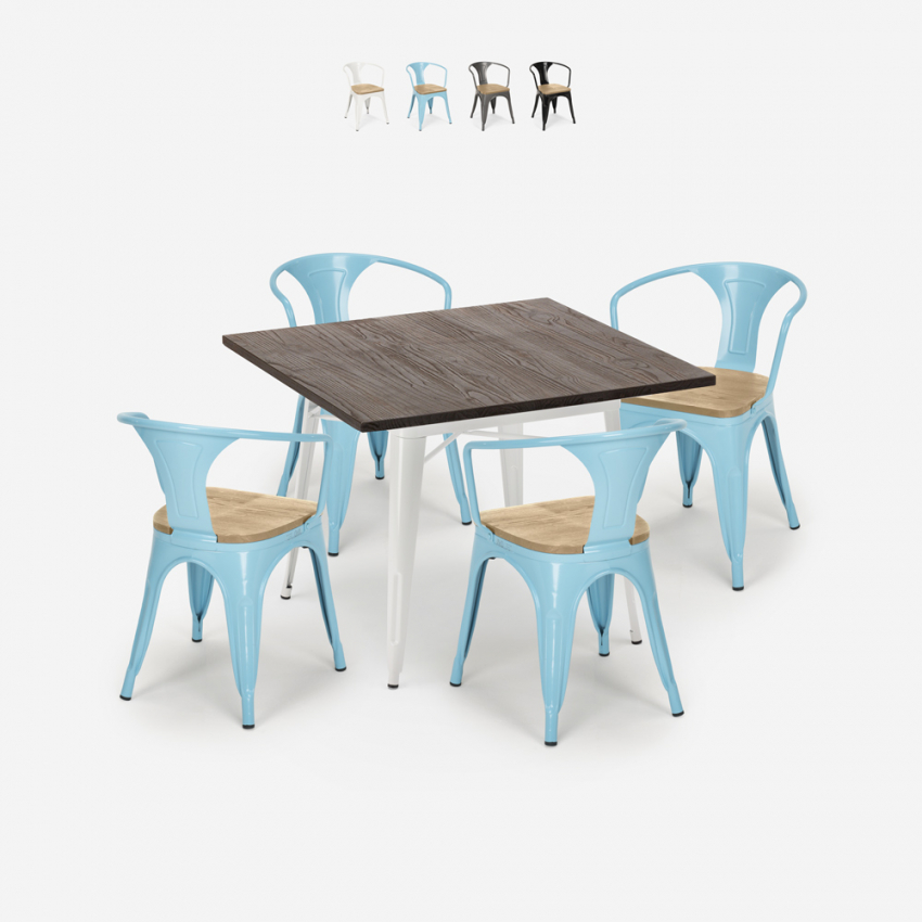 Industrieel design set met tafel 80x80 cm en 4 stoelen Hustle White Top Light  Verkoop