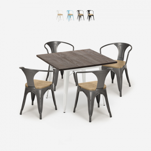 Industrieel design set met tafel 80x80 cm en 4 stoelen Hustle White Top Light  Aanbieding