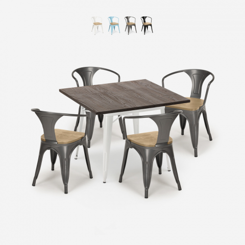 industriële keukentafel set 80x80cm 4 houten Lix stijl stoelen hustle white top light Aanbieding