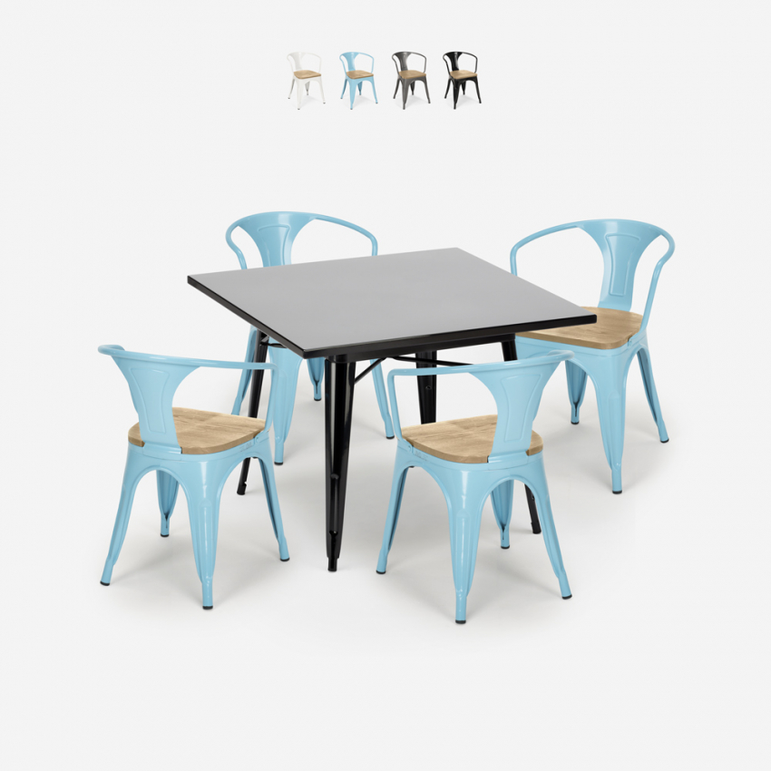 Industriële stijl set met stalen tafel 80x80 cm en 4 stoelen Century Black Top Light Verkoop Industriële stijl set met stalen tafel 80x80 cm en 4 stoelen Century Black Top Light Verkoop
