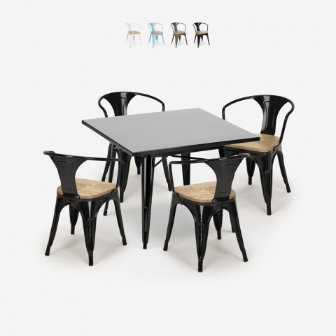 Industriële stijl set met stalen tafel 80x80 cm en 4 stoelen Century Black Top Light Aanbieding