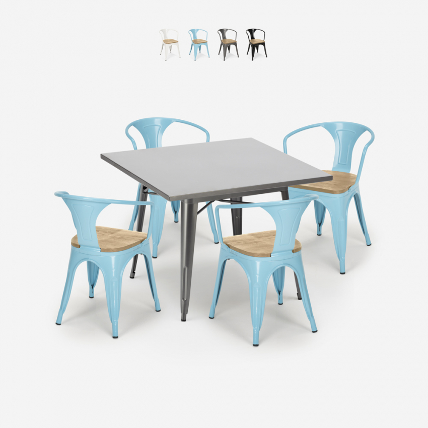 Industriële stijl set met tafel 80x80 cm en 4 stoelen van hout en staal Century Top Light Verkoop Industriële stijl set met tafel 80x80 cm en 4 stoelen van hout en staal Century Top Light Verkoop