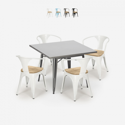 Industriële stijl set met tafel 80x80 cm en 4 stoelen van hout en staal Century Top Light Aanbieding