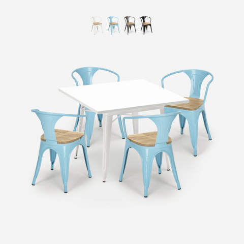 Set van 4 industriële tolix stoelen houten tafel staal keuken 80x80cm Century White Top Light