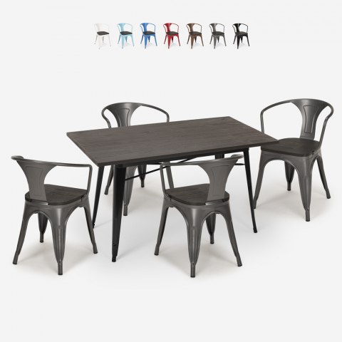 Set van 4 stoelen Tolix houten tafel 120x60cm industriële eetkamer Caster Wood