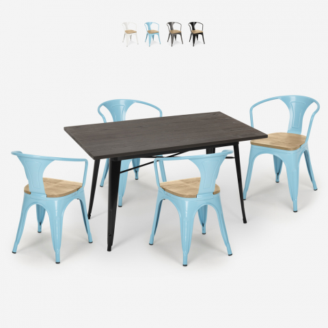 set 4 stoelen hout industriële tafel 120x60cm caster top licht Aanbieding