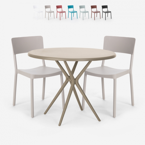 Set 2 stoelen polypropyleen ronde tafel 80x80cm beige design Aminos Aanbieding