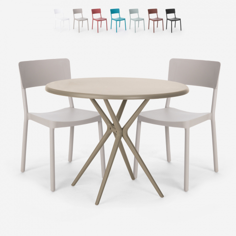Set met 2 polypropyleen stoelen en ronde beige tafel 80x80 cm Aminos Aanbieding
