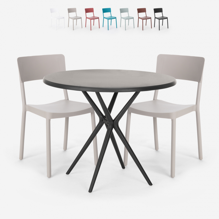 Ronde zwarte tafel set 80x80cm 2 stoelen modern design Aminos Dark Voorraad