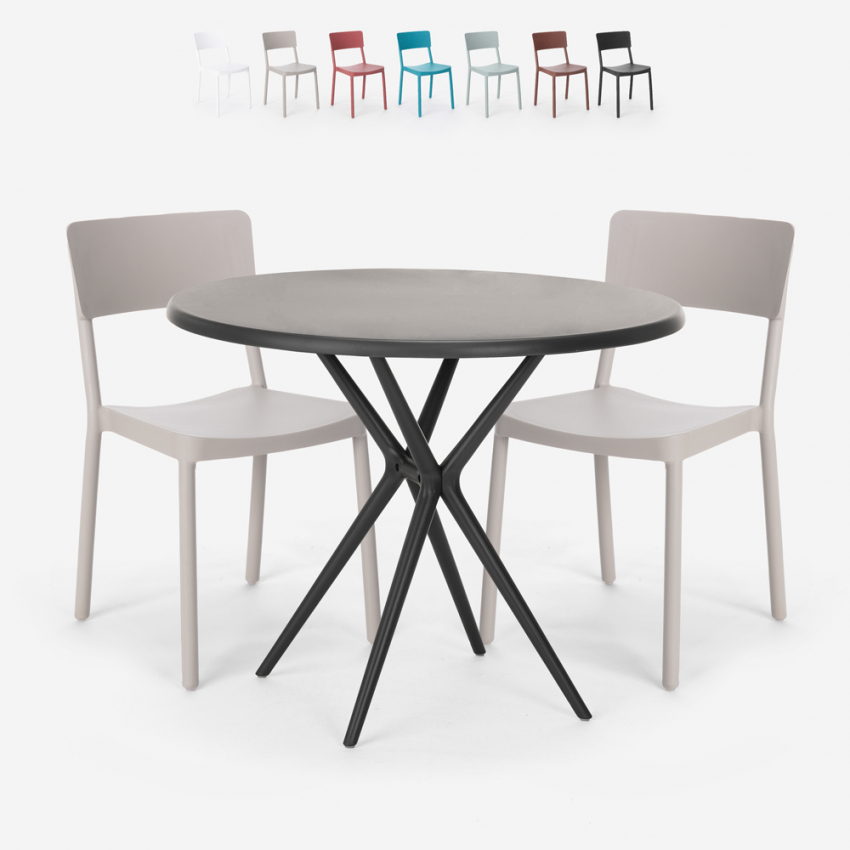 Set met ronde zwarte tafel 80x80 cm en 2 stoelen in modern design Aminos Dark Voorraad